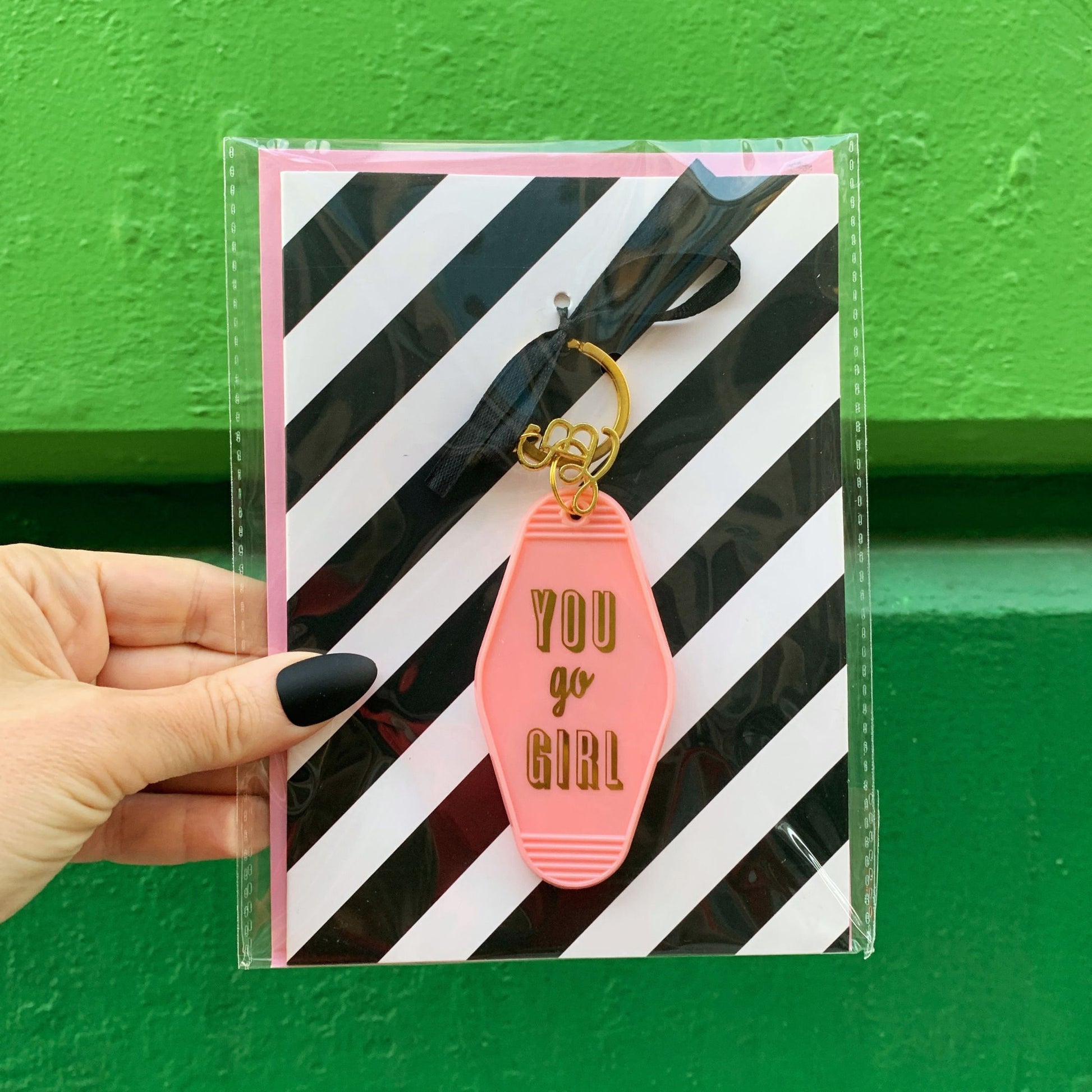 You Go Girl Motel Style Keychain with Greeting Card | Gift for Her