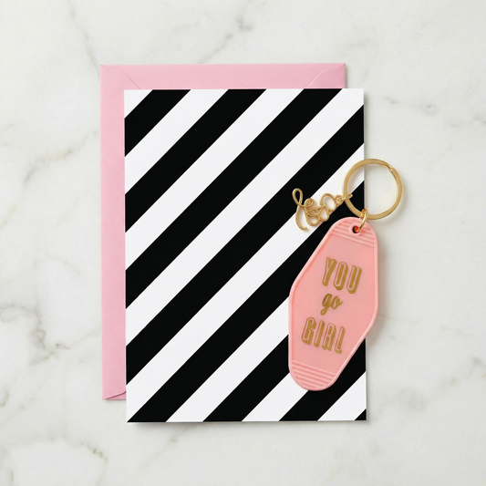 You Go Girl Motel Style Keychain with Greeting Card | Gift for Her