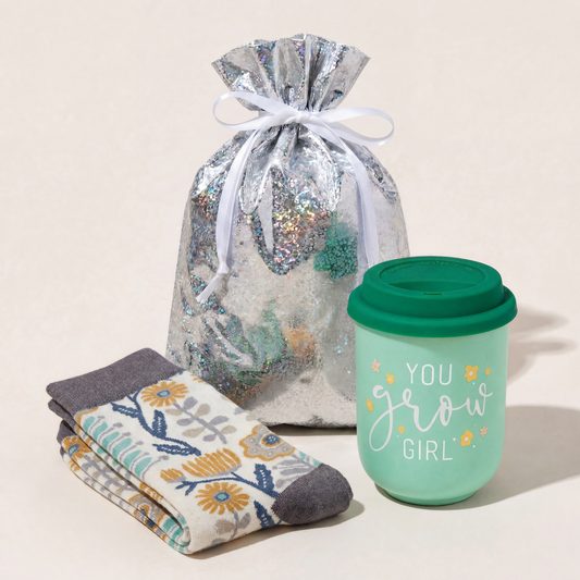 You Grow Girl Gift Set | Travel Mug & Folk Art Floral Socks in Gift Bag