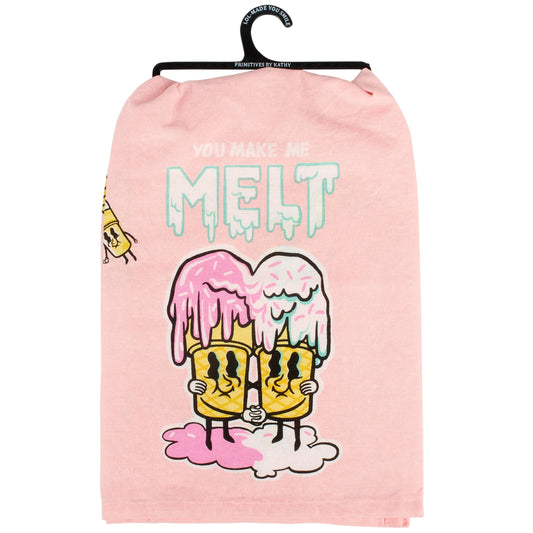 You Make Me Melt Valentine Kitchen Towel | Pink Ice Cream Cotton Dish Towel | 28” x 28”