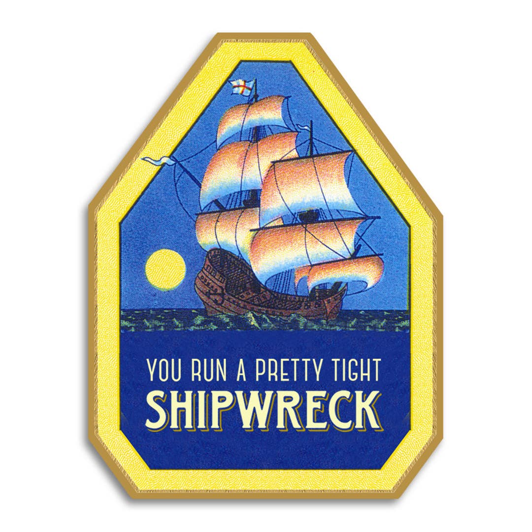 Decorative sign with a ship illustration and text on a blue background