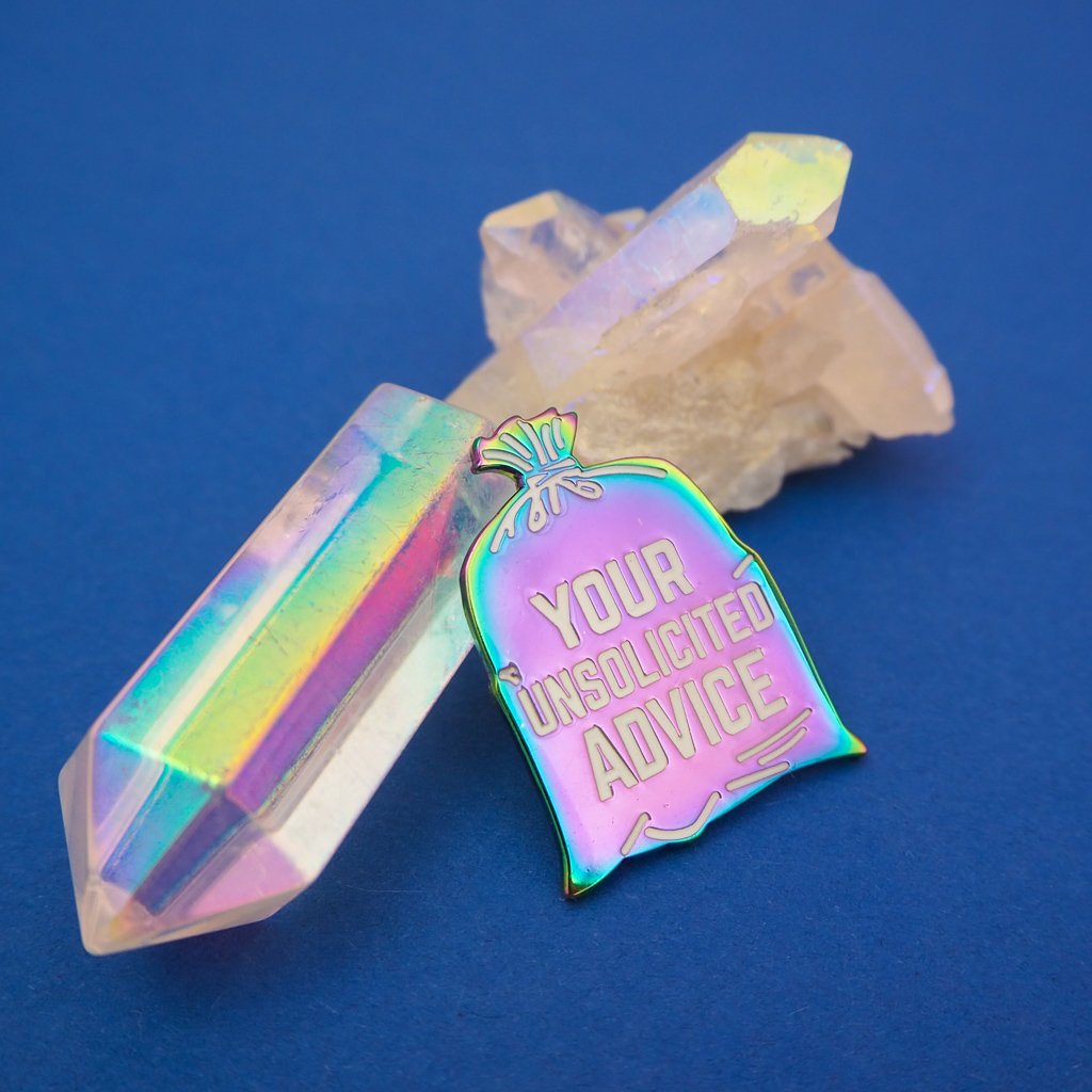 Your Unsolicited Advice Garbage Bag Enamel Pin in Gold Iridescent