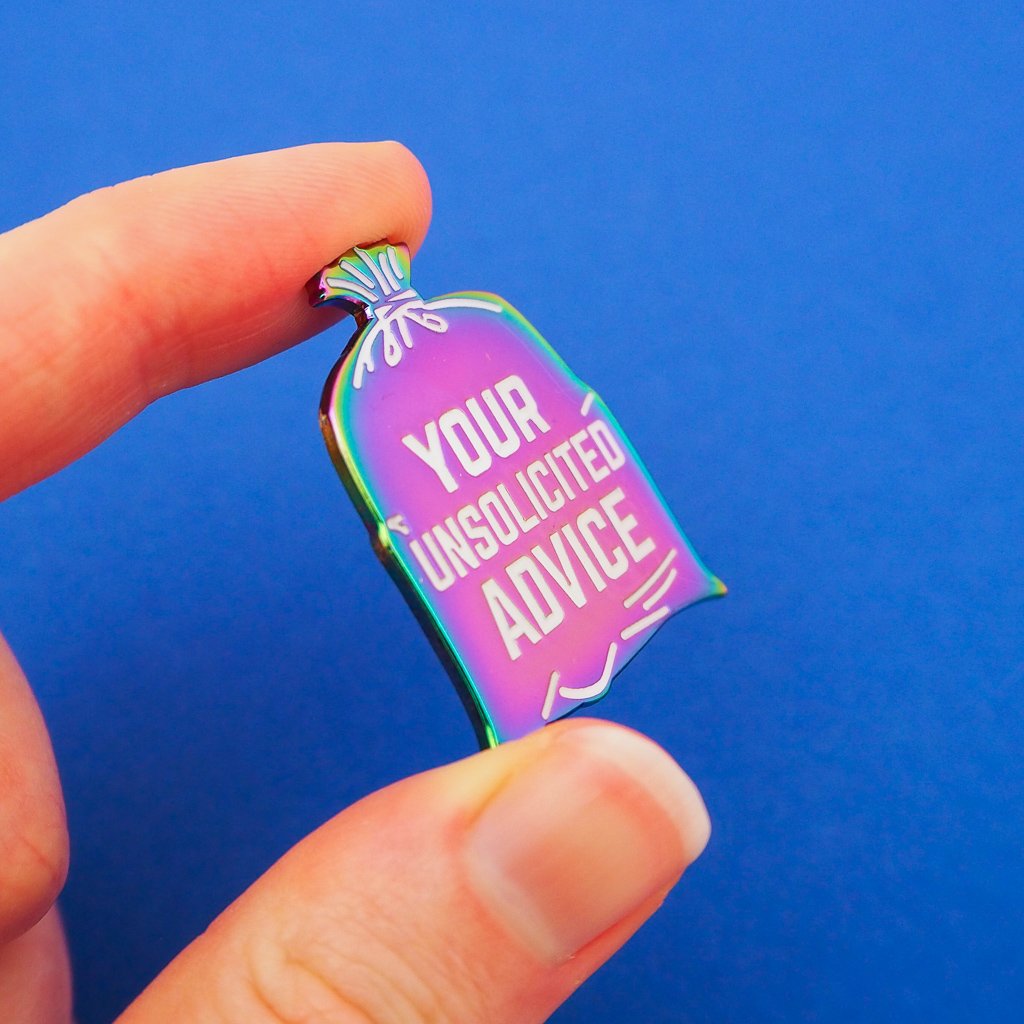 Your Unsolicited Advice Garbage Bag Enamel Pin in Gold Iridescent