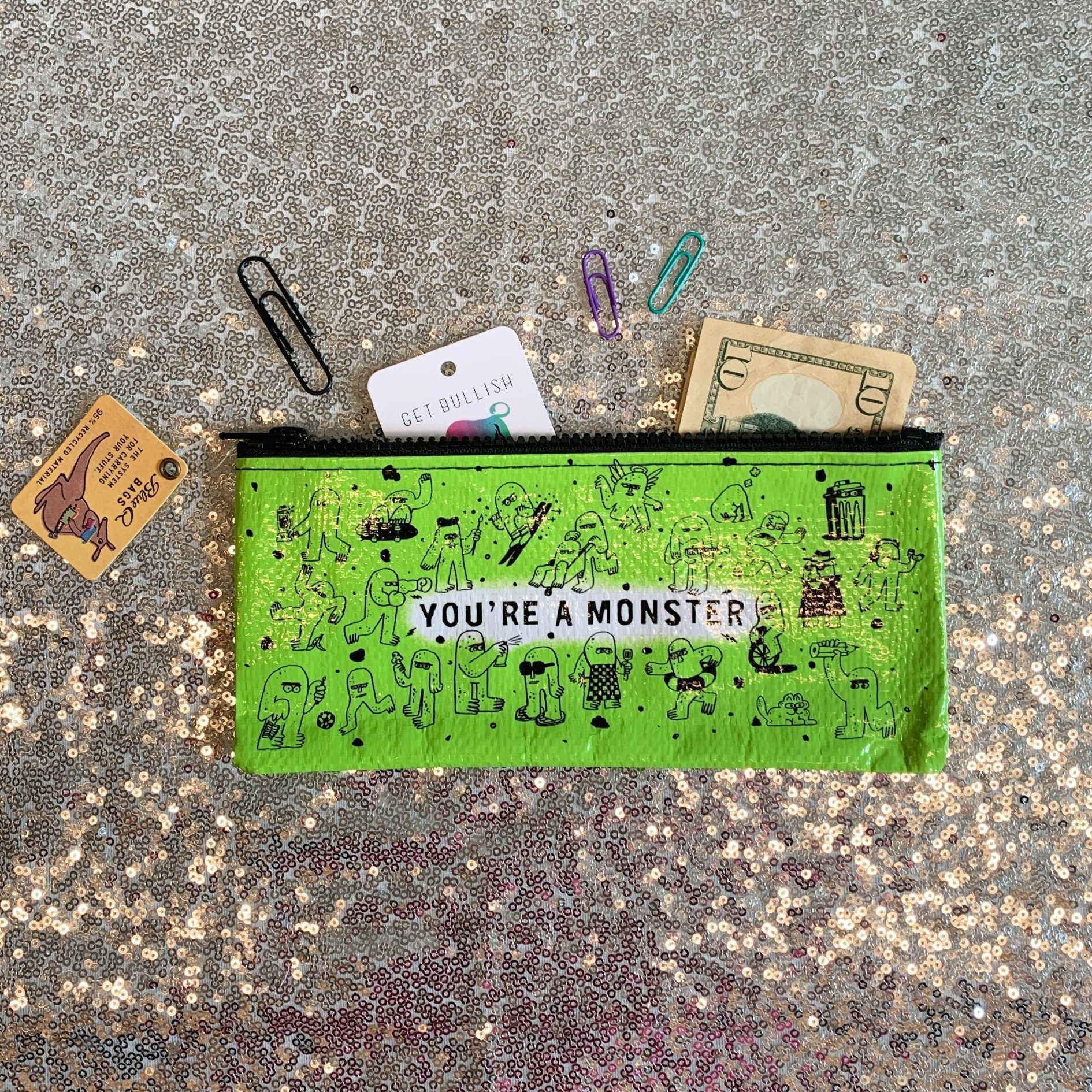 You're A Monster Pencil Case in Brat Green | 4.25" x 8.5" | BlueQ at GetBullish