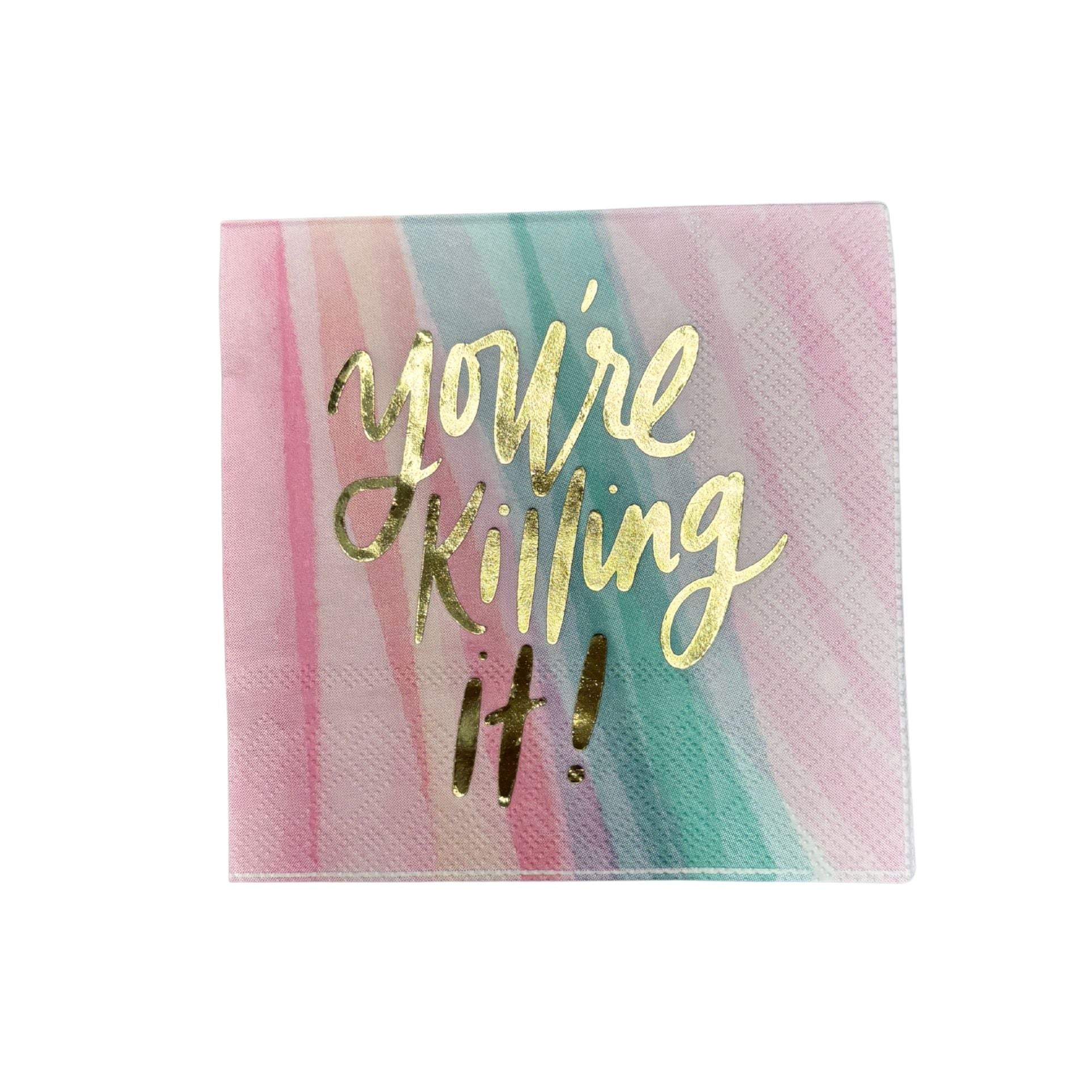 You're Killing It Beverage Napkins in Watercolor Design | Gold Foil Cocktail Party Paper Napkin | 5" x 5"