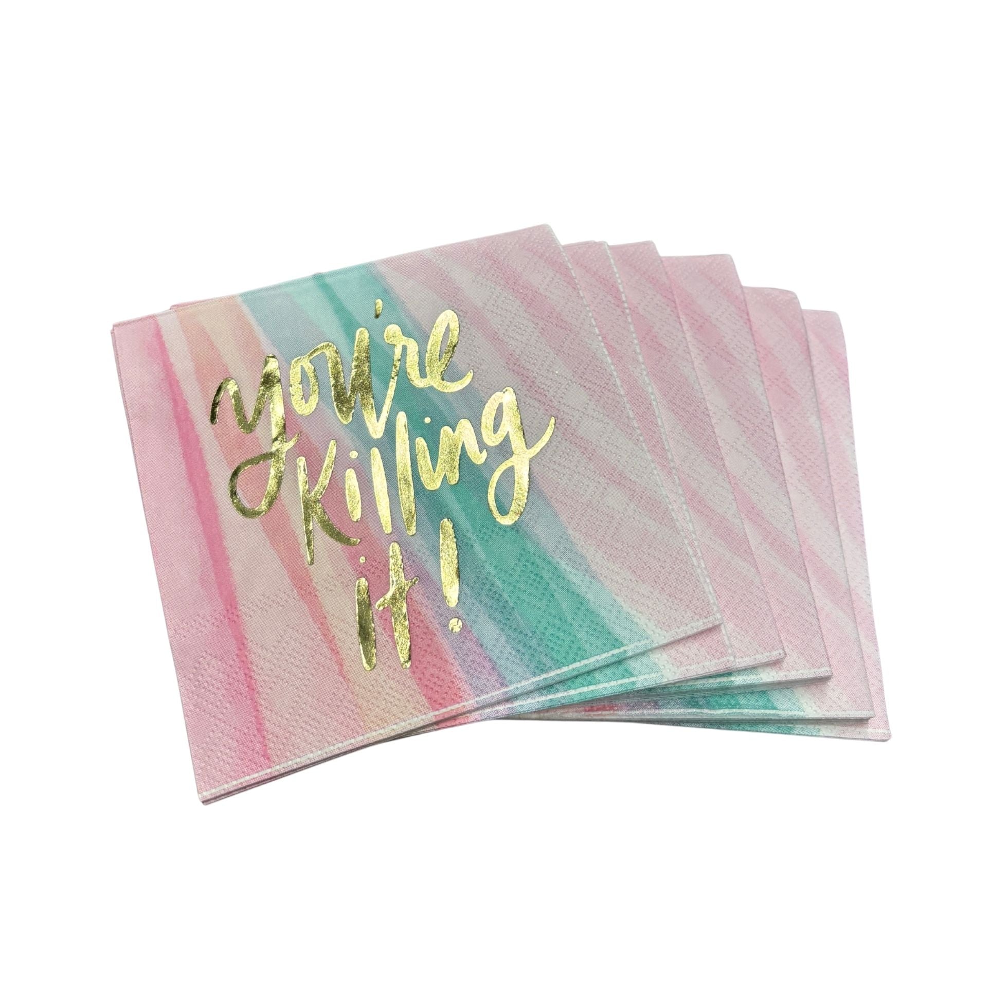 You're Killing It Beverage Napkins in Watercolor Design | Gold Foil Cocktail Party Paper Napkin | 5" x 5"