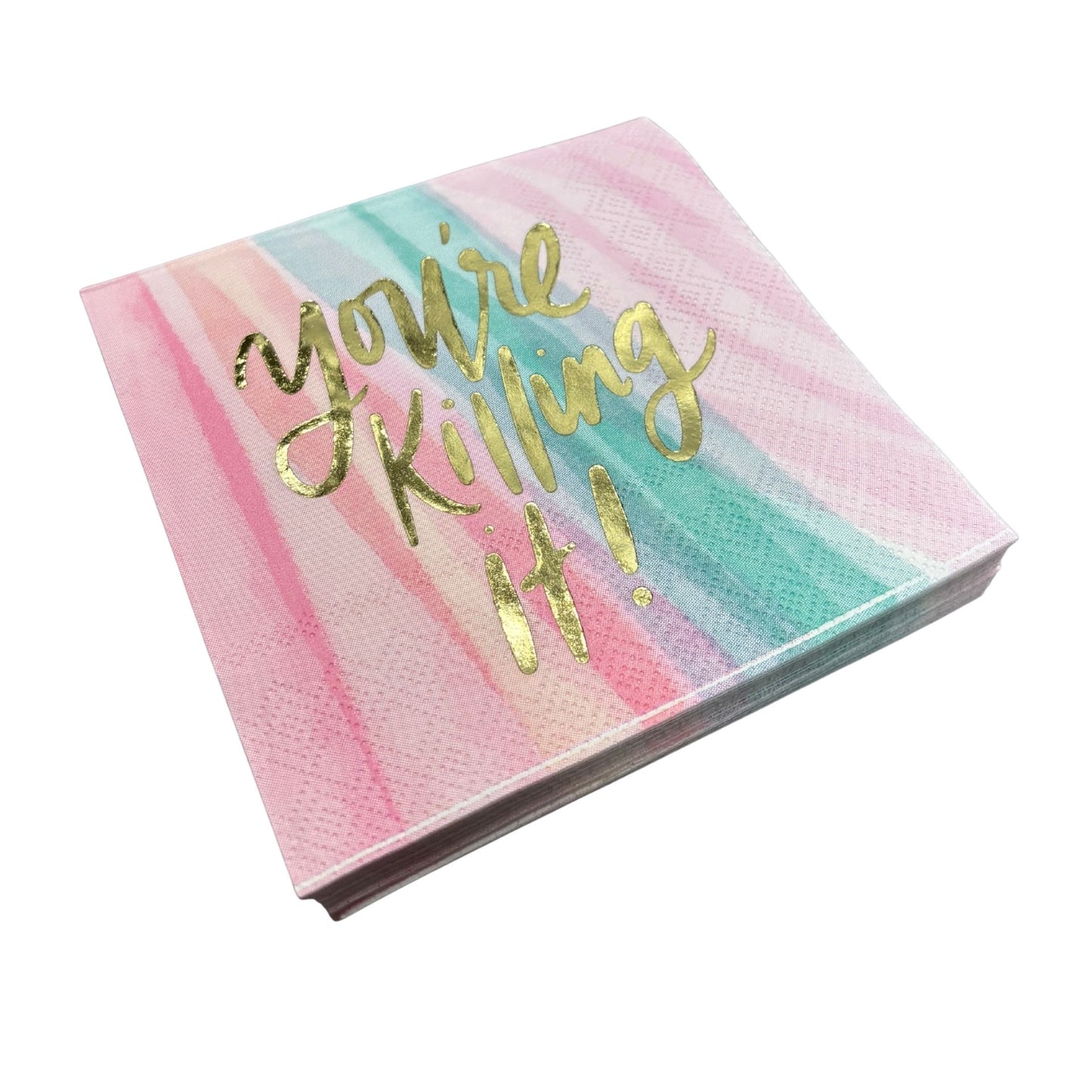 You're Killing It Beverage Napkins in Watercolor Design | Gold Foil Cocktail Party Paper Napkin | 5" x 5"