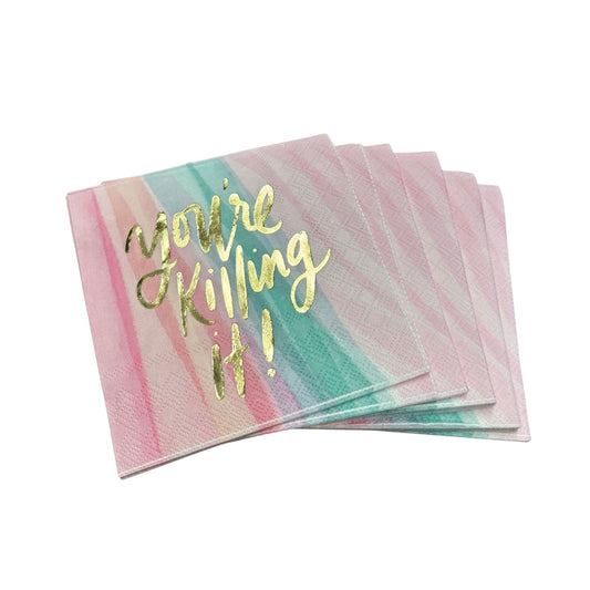 You're Killing It Beverage Napkins in Watercolor Design | Gold Foil Cocktail Party Paper Napkin | 5" x 5"