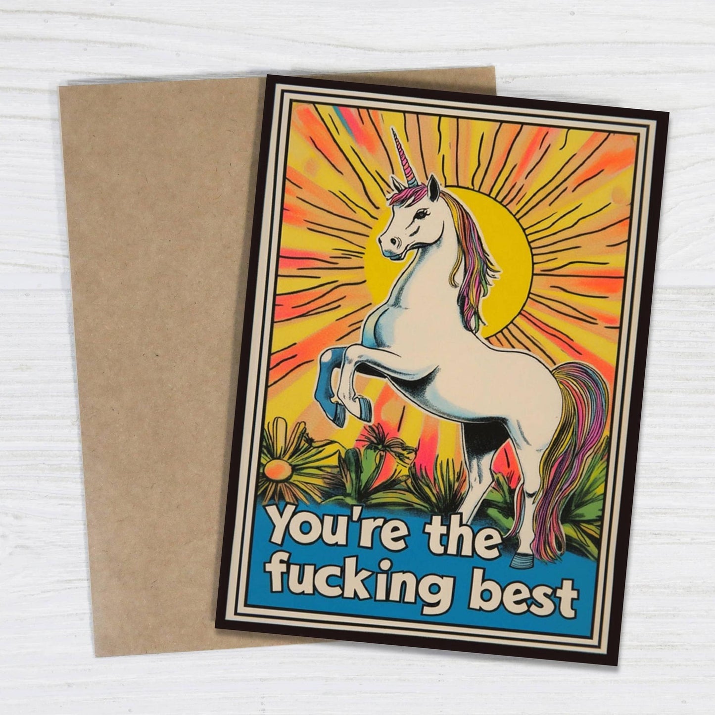 Greeting card with a unicorn illustration and text on a white background