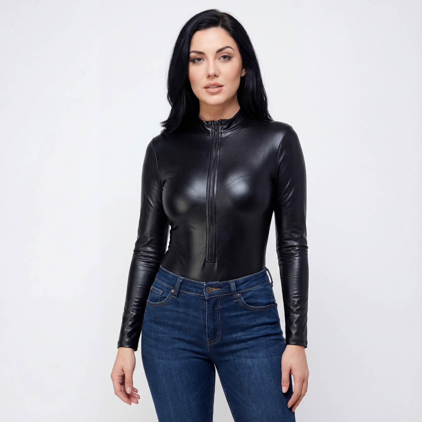 Zipper Front PU Bodysuit in Red [Available in SM-L]