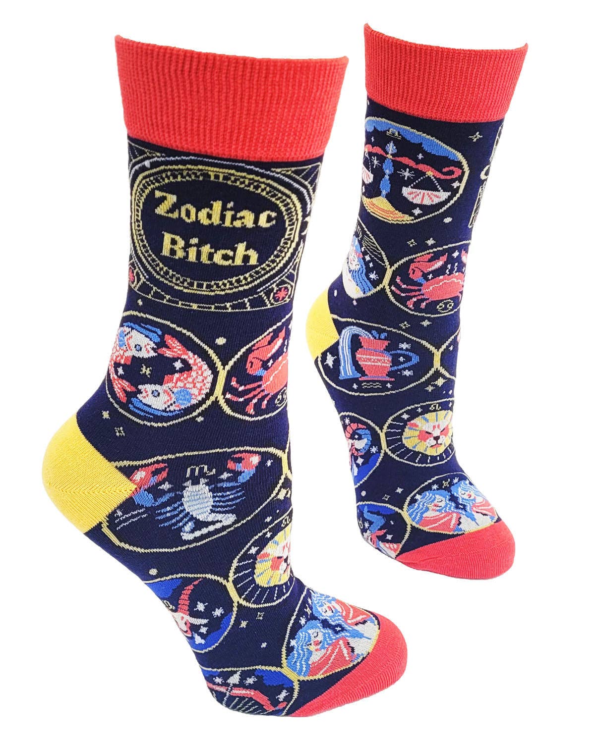 Colorful zodiac-themed socks with red cuffs and yellow toes