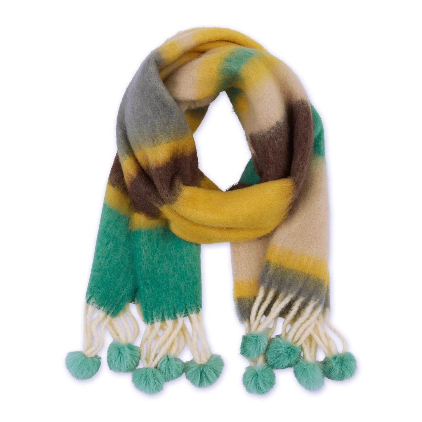 Zoey Stripe Scarf Green | Twisted Fringe Pom Wrap | 74" x 15"