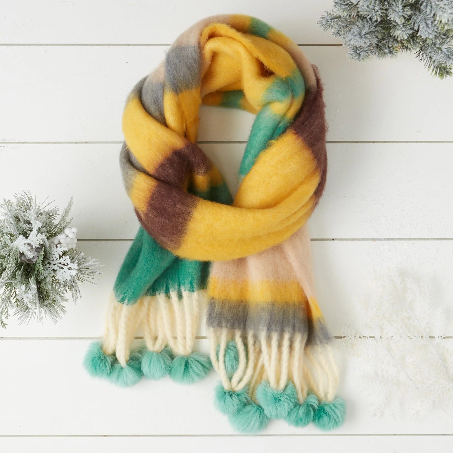 Zoey Stripe Scarf Green | Twisted Fringe Pom Wrap | 74" x 15"