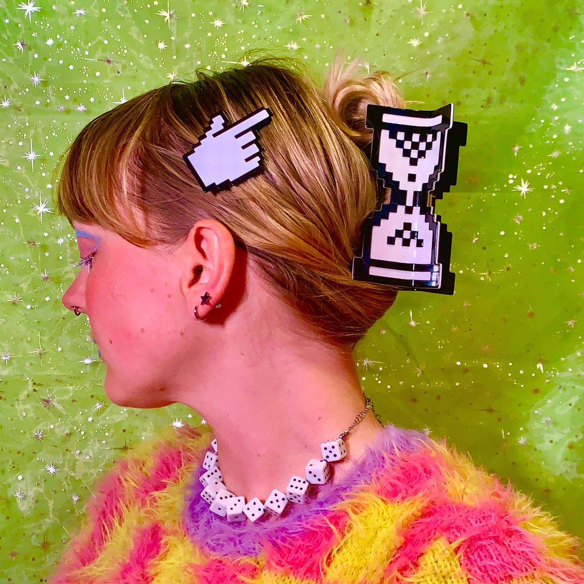 Person with pixelated hair clips 