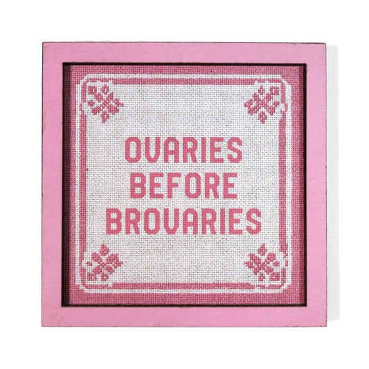 A square framed cross-stitch style magnet with pink border and text reading 'OVARIES BEFORE BROVARIES'