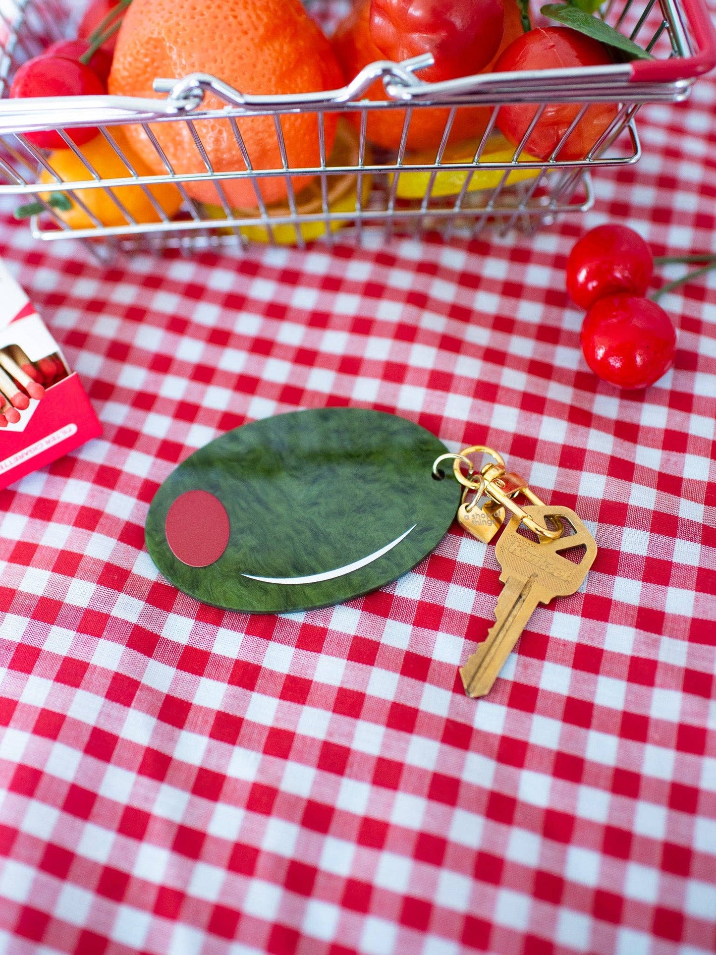 Olive Keychain Marbled Acetate Green Olive Keyring with Gold Clasp