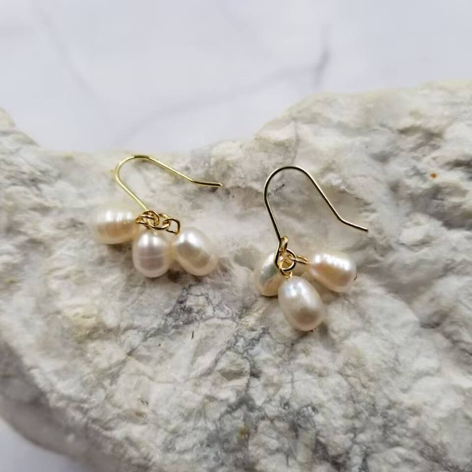 White Freshwater Pearl Cluster Earrings | Gold Plated