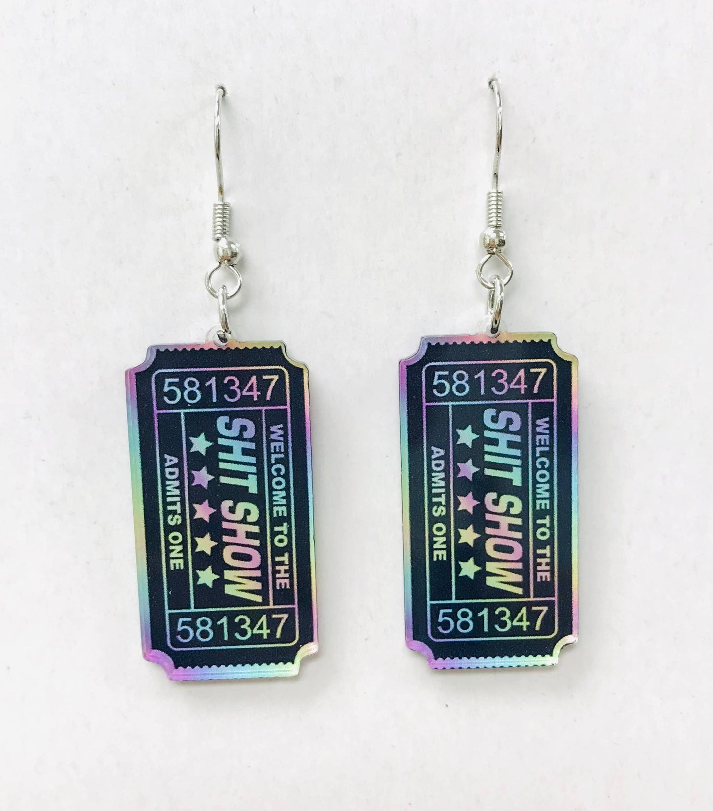 Holographic earrings with Shit Show text on ticket-inspired design