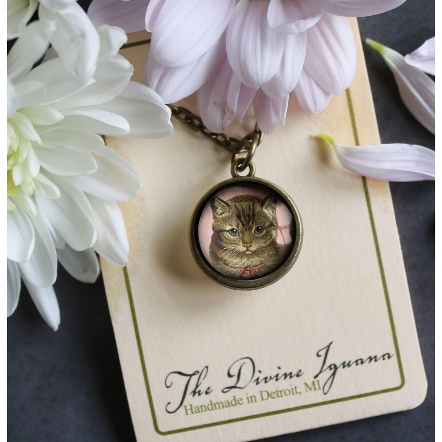 Victorian Tabby Cat Simple Reversible Pendant Necklace