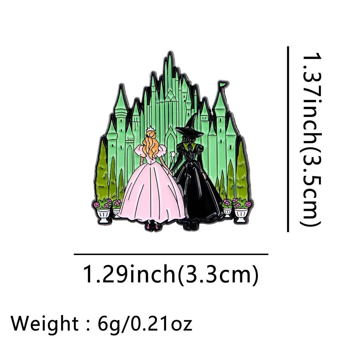 Pin with Wonderland characters in front of a castle, showing dimensions and weight