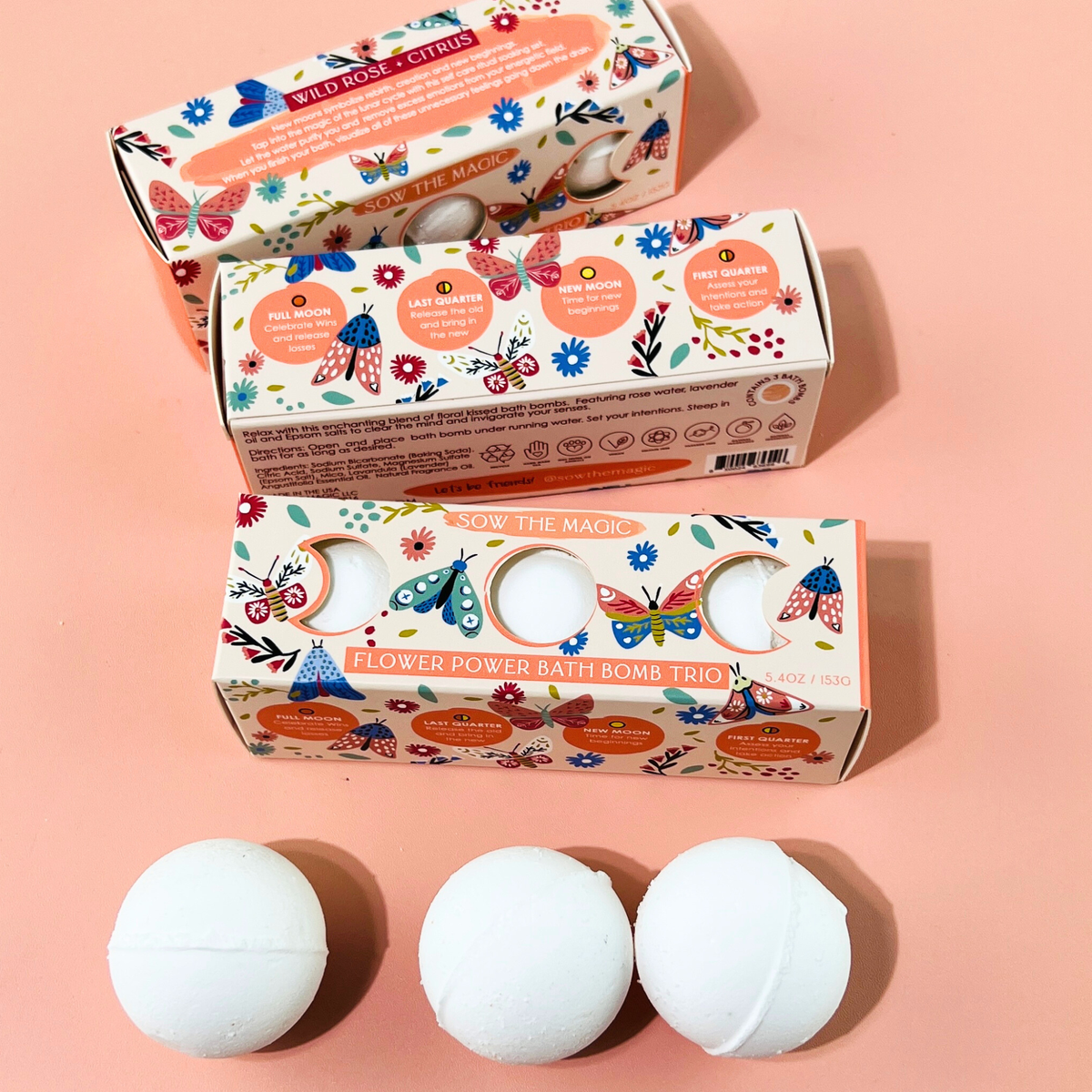Moon Phase Flower Power Bath Bomb Trio | Wild Rose + Citrus-Sow the Magic-The Bullish Store