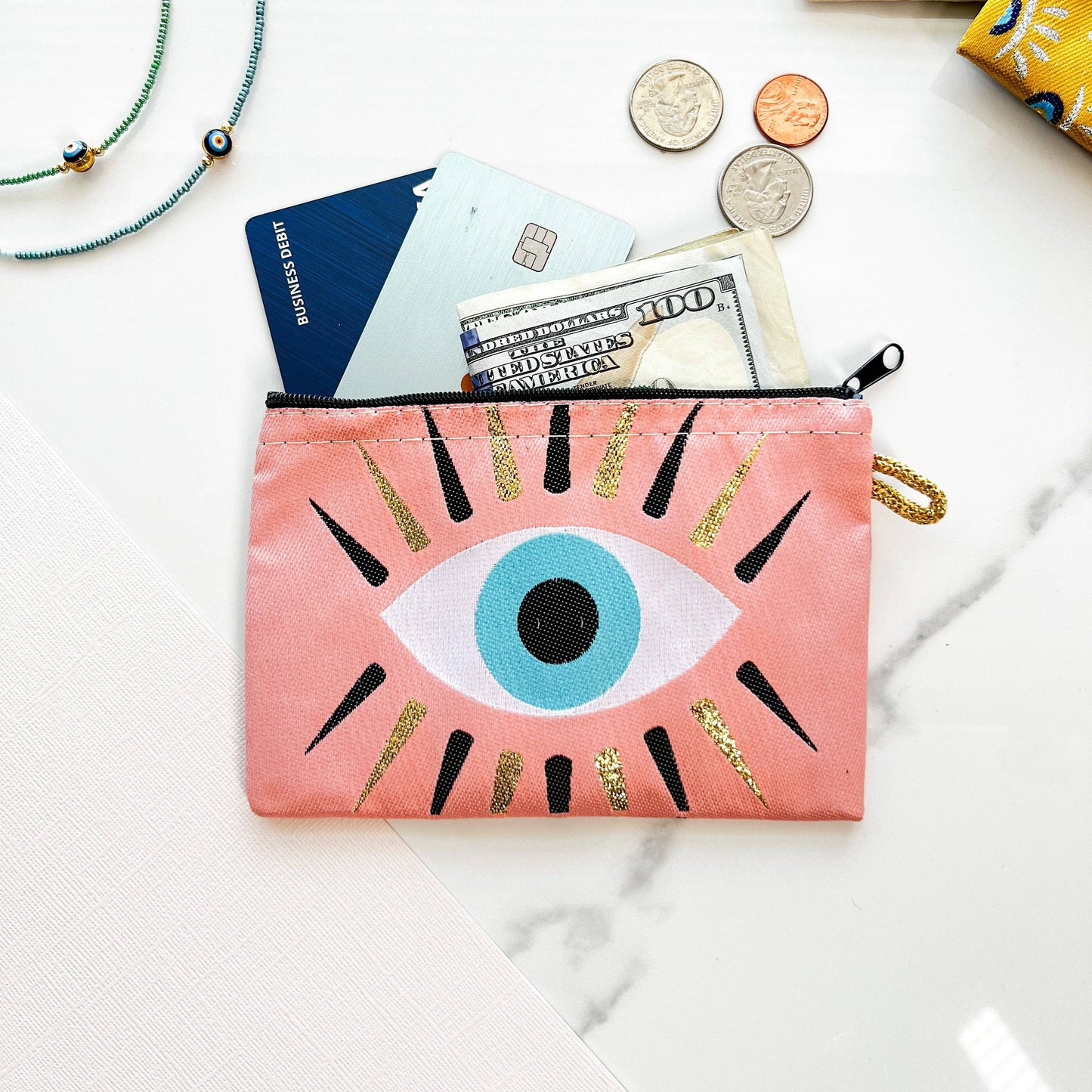 Evil Eye Coin Purse Pink Zipper Pouch | Handmade in Turkey | 4" x 5"