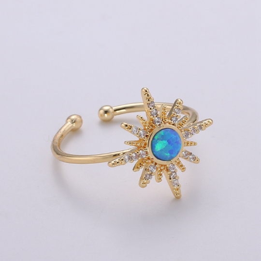 Dainty Gold Sun & Moon Blue Opal Adjustable Ring | Celestial Sterling Silver Ring