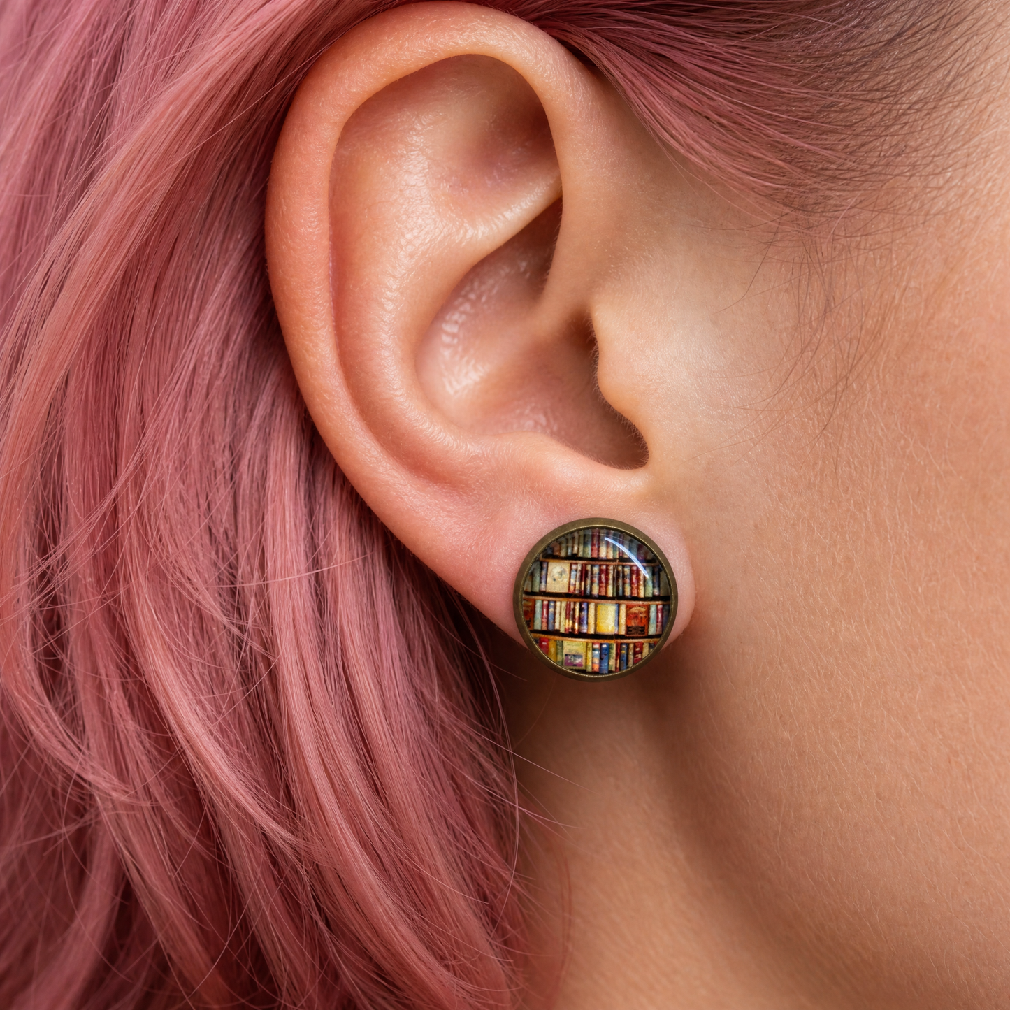 Bookshelves Cabochon Stud Earrings