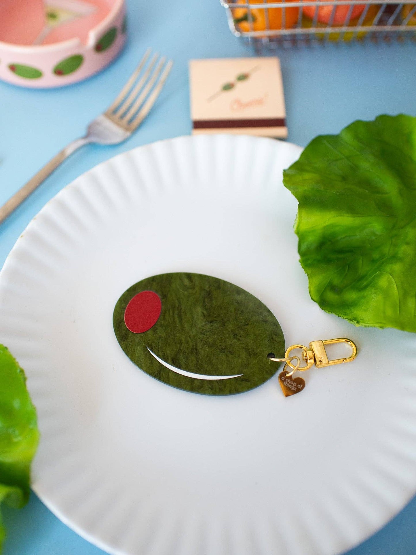 Olive Keychain Marbled Acetate Green Olive Keyring with Gold Clasp