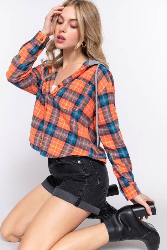 Long Sleeve Plaid Button Down Shirt with Drawstring Hoodie | Casual Cotton Top