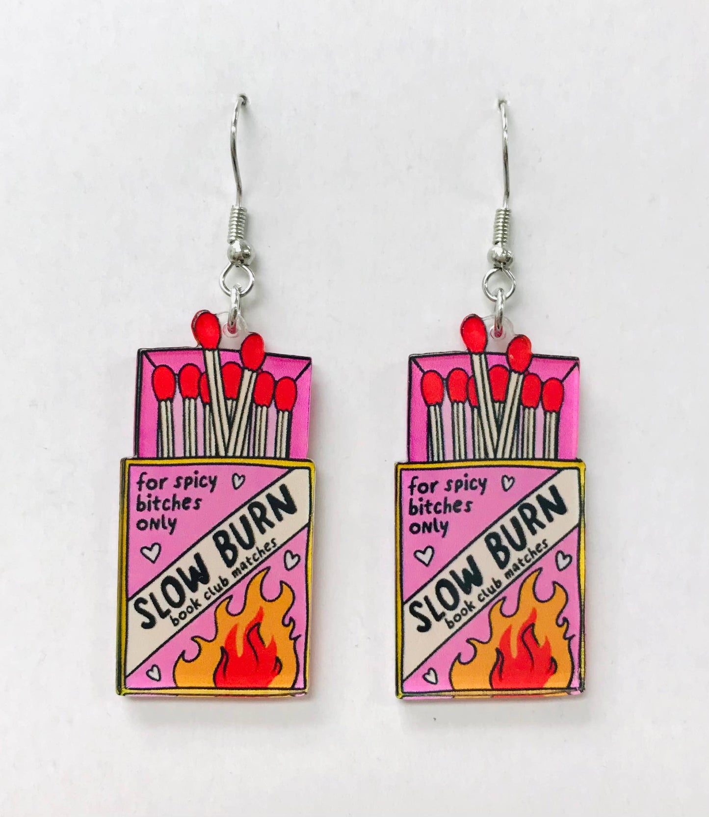Matchbox-themed earrings with matches inside with Slow Burn Book Club Matches for spicy bitches only text