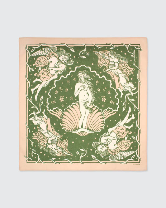 Decorative print bandana with a central figure surrounded by fairy-like creatures