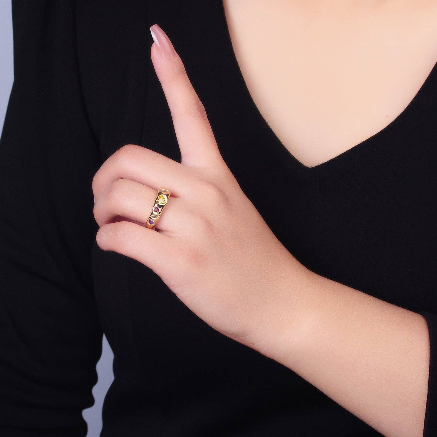 24K Gold Filled Multicolor Geometric CZ Ring | Adjustable Heart & Baguette Band