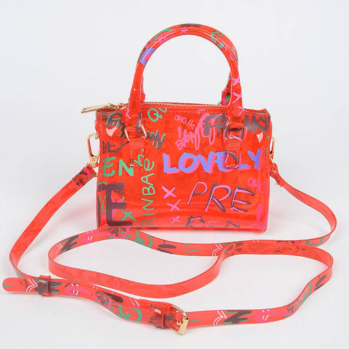 Mini Red Graffiti PVC Boston Bag | Tiny Crossbody Bag | 6.25"W x 4.25"H x 3.25"D