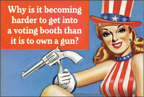 A vintage-style political magnet with a pin-up woman in an Uncle Sam-inspired red, white, and blue outfit holding a revolver, alongside large white text on a red-orange block reading, 'Why is it becoming harder to get into a voting booth than it is to own a gun?'.