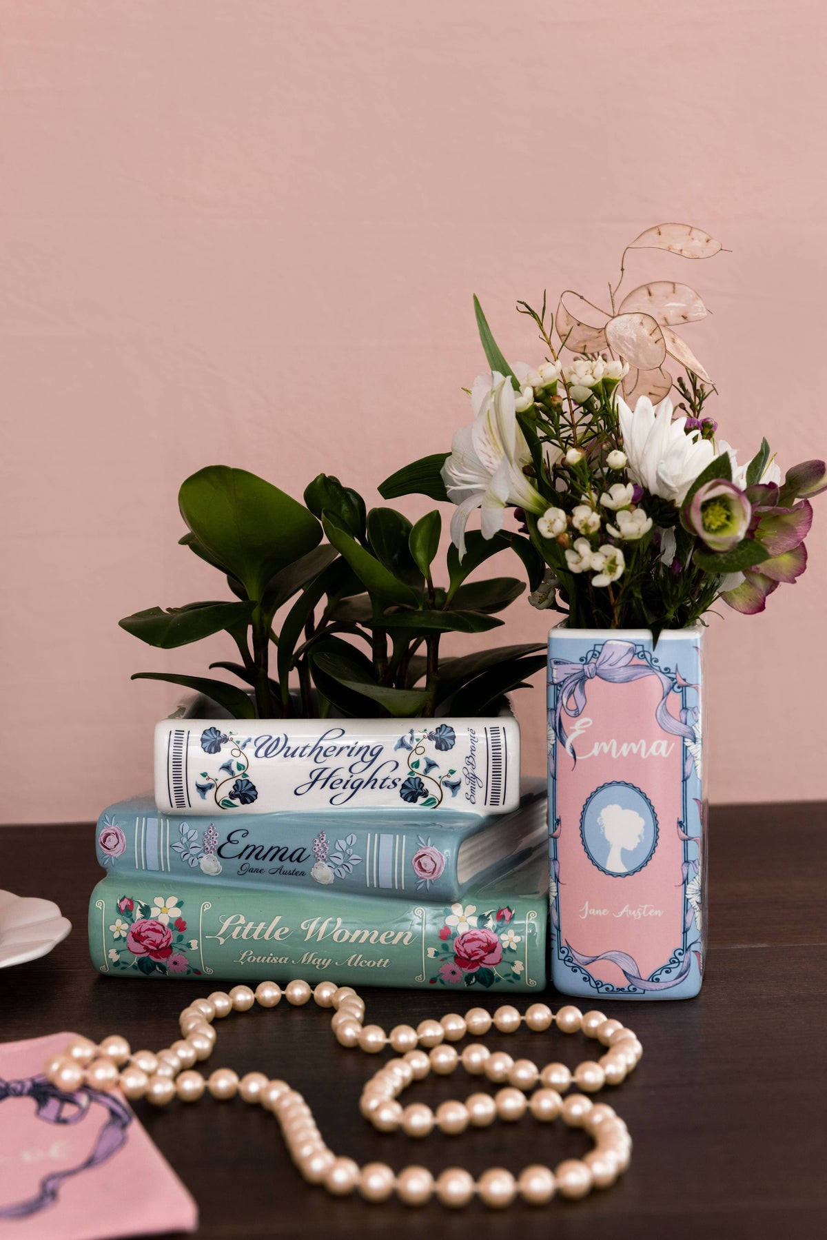 Stacked Books Ceramic Book Planter | Little Women, Emma, Wuthering Heights