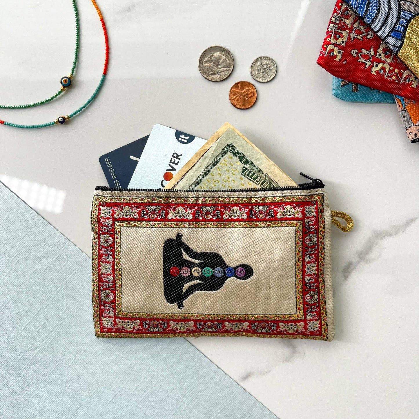 7 Chakras Coin Purse Boho Fabric Pouch | Handmade in Turkey | 4" x 5"