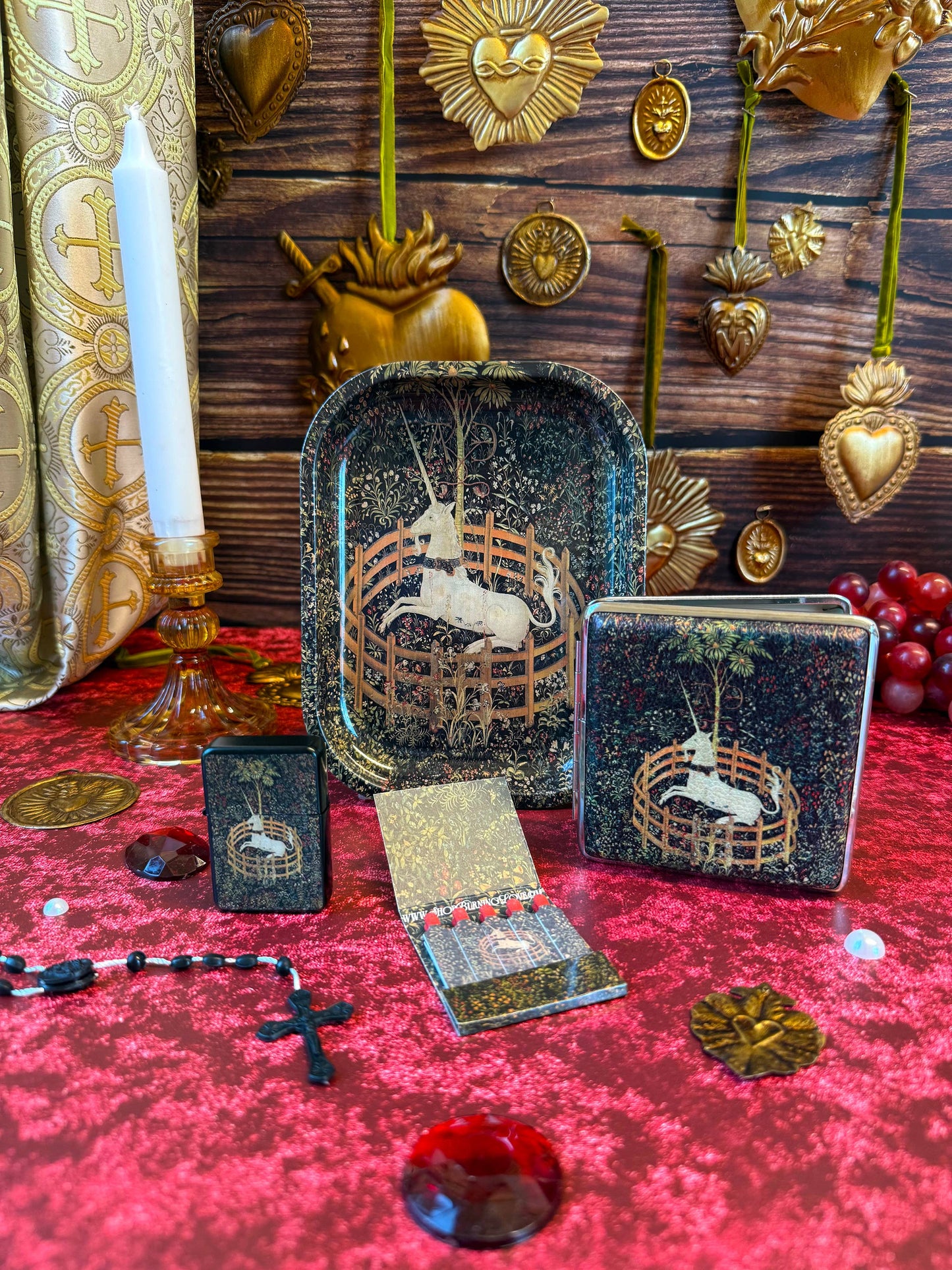 Medieval Tapestry Unicorn Tray | Enchanted Castle Trinket Tray | Vintage Floral Unicorn Catchall Dish