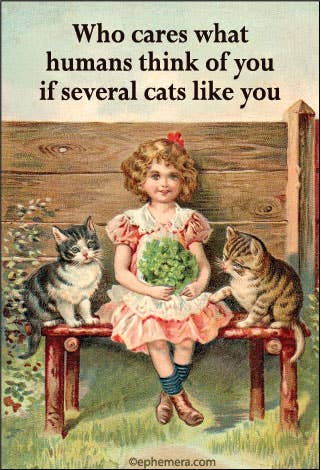 Vintage illustration magnet of a girl with two cats and a quote "Who cares what humans think of you if several cats like you".