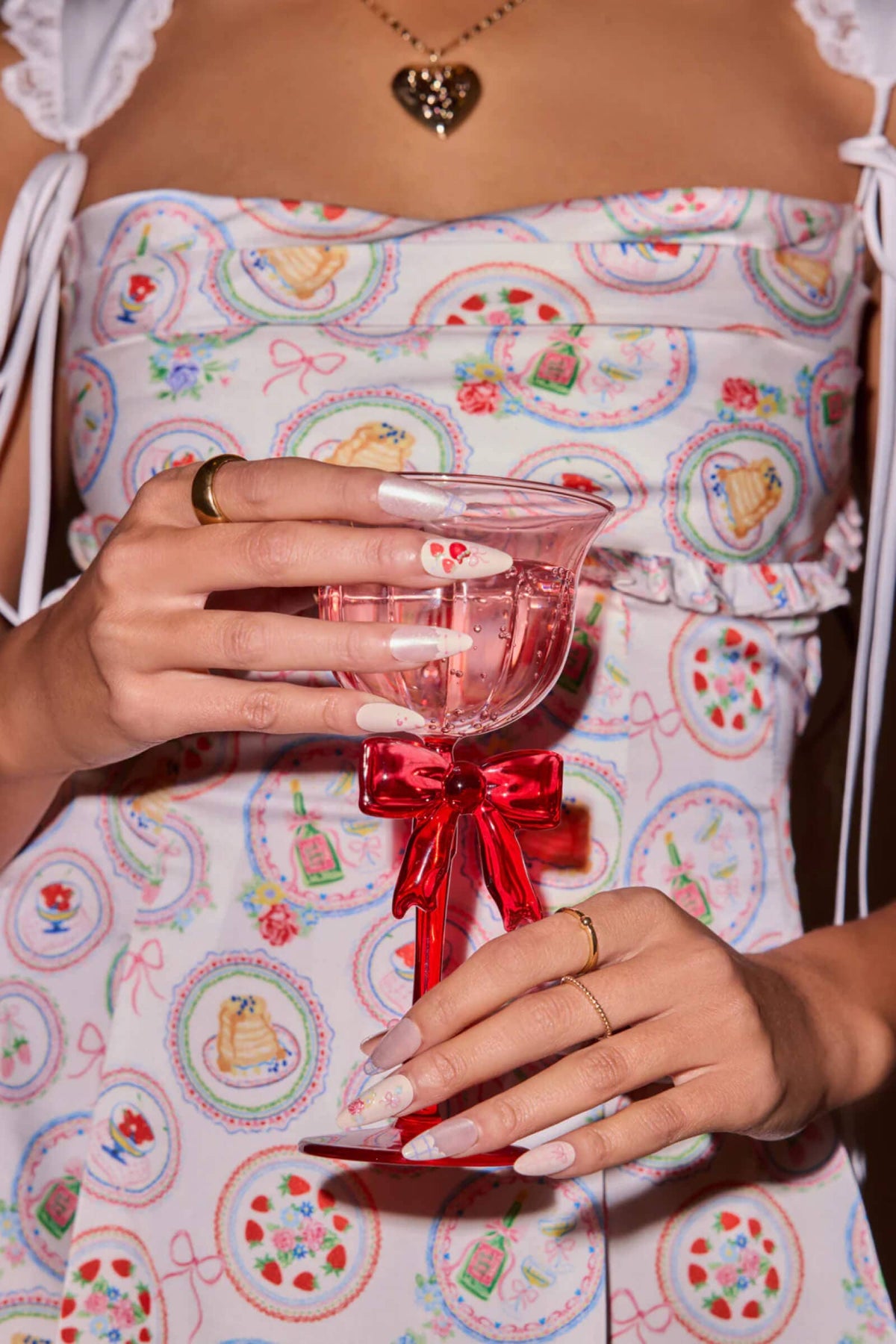 Floral Femme Almond Press-On Nails | Strawberry and Heart Motif