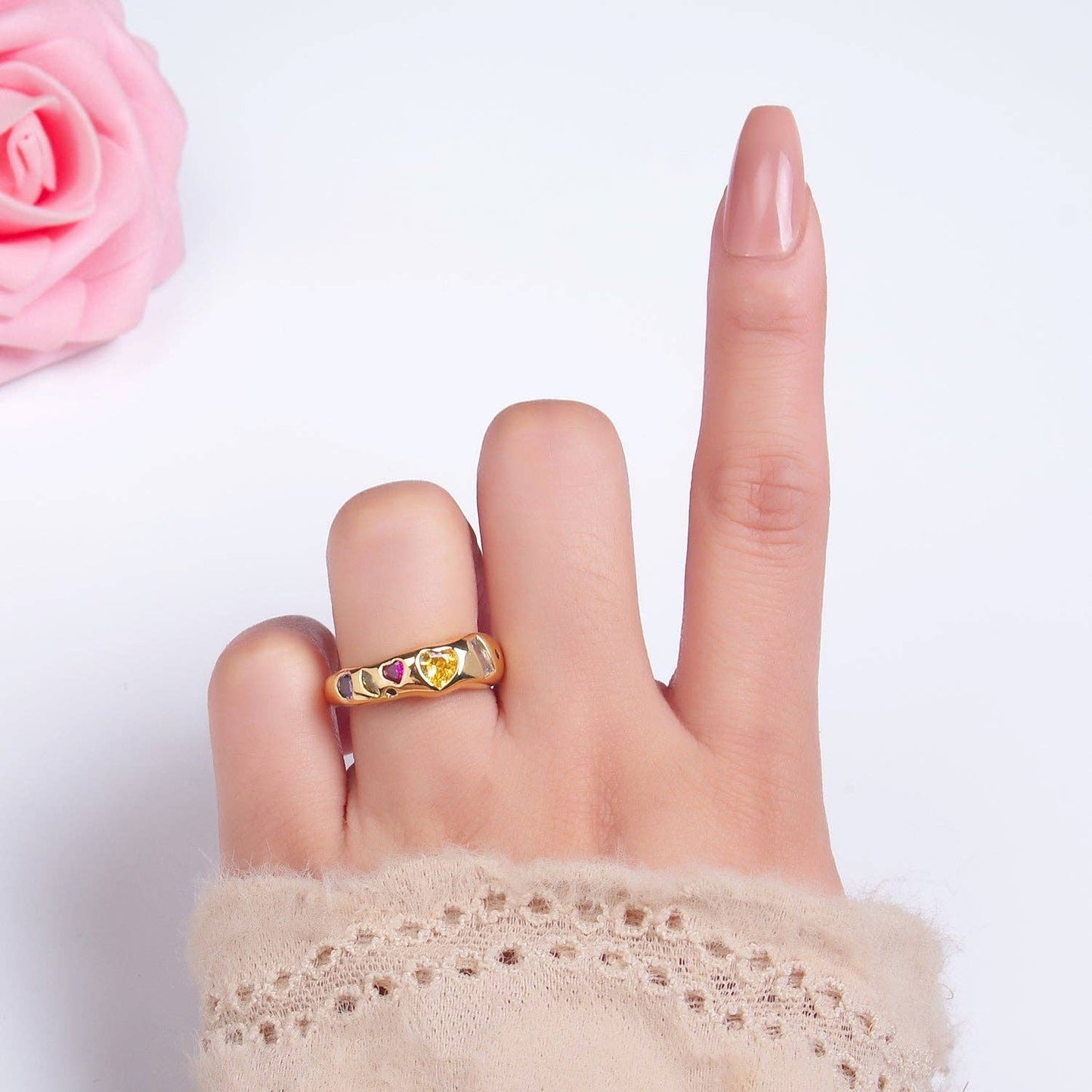 24K Gold Filled Multicolor Geometric CZ Ring | Adjustable Heart & Baguette Band