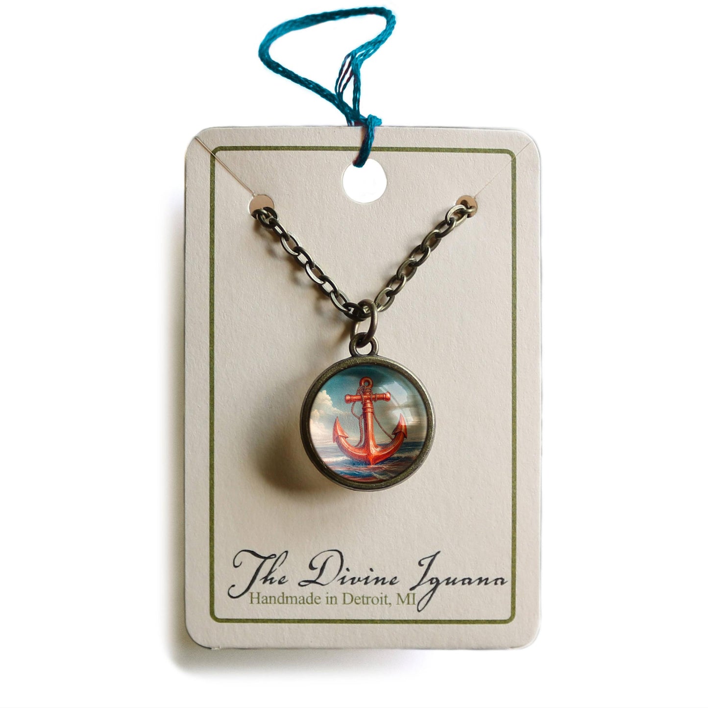 Deep Sea Anchor Simple Reversible Glass Pendant Necklace