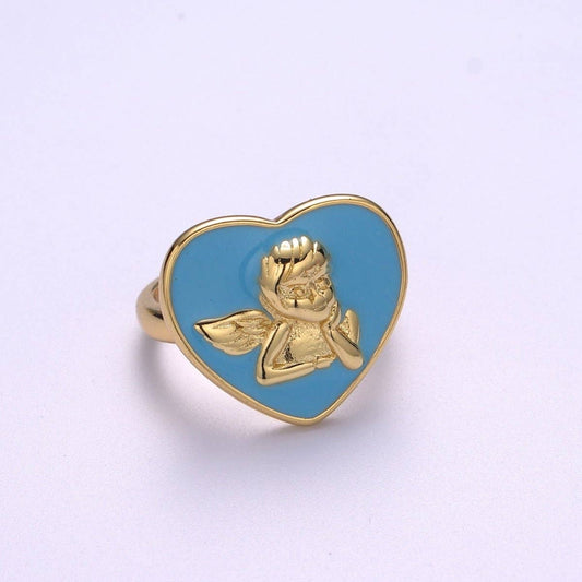 Chunky Cherub Angel Ring | Gold Plated Enamel Heart Statement Ring, Adjustable Open Band