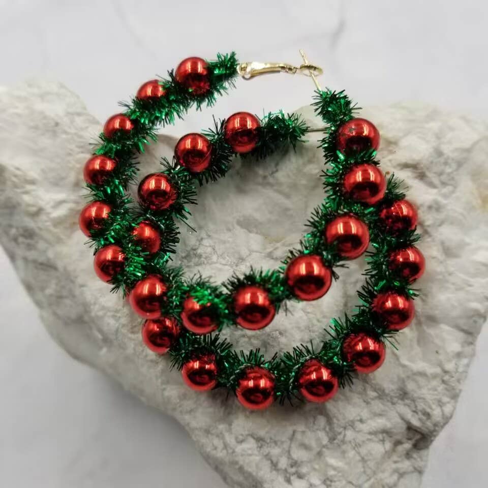 Christmas Pom Pom Beaded Hoop Earrings | Green and Red