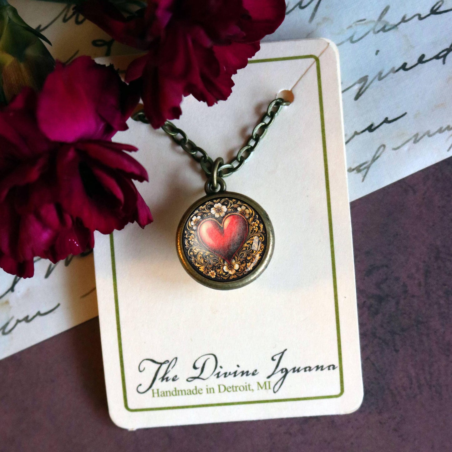 Ornate Heart Simple Reversible Valentine's Day Pendant Necklace