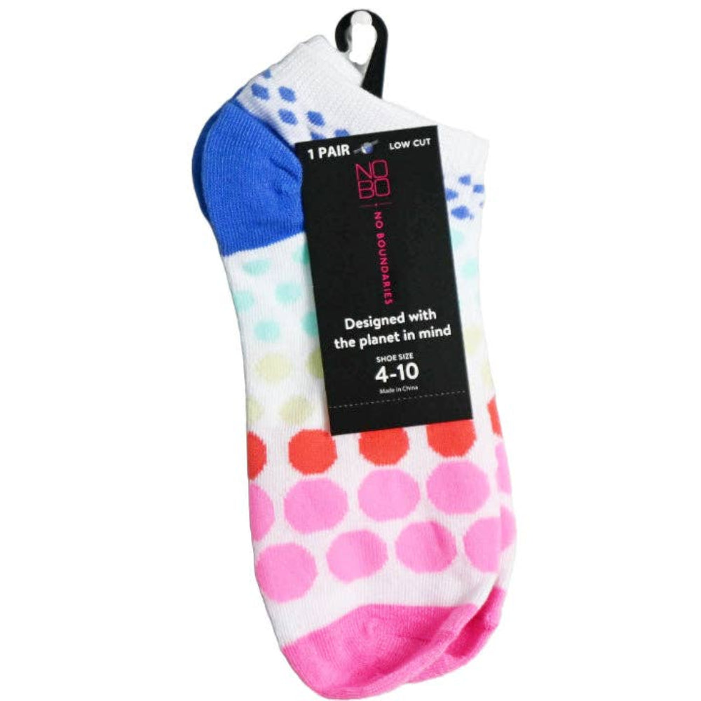Colorful polka dot socks with a branded tag on a white background