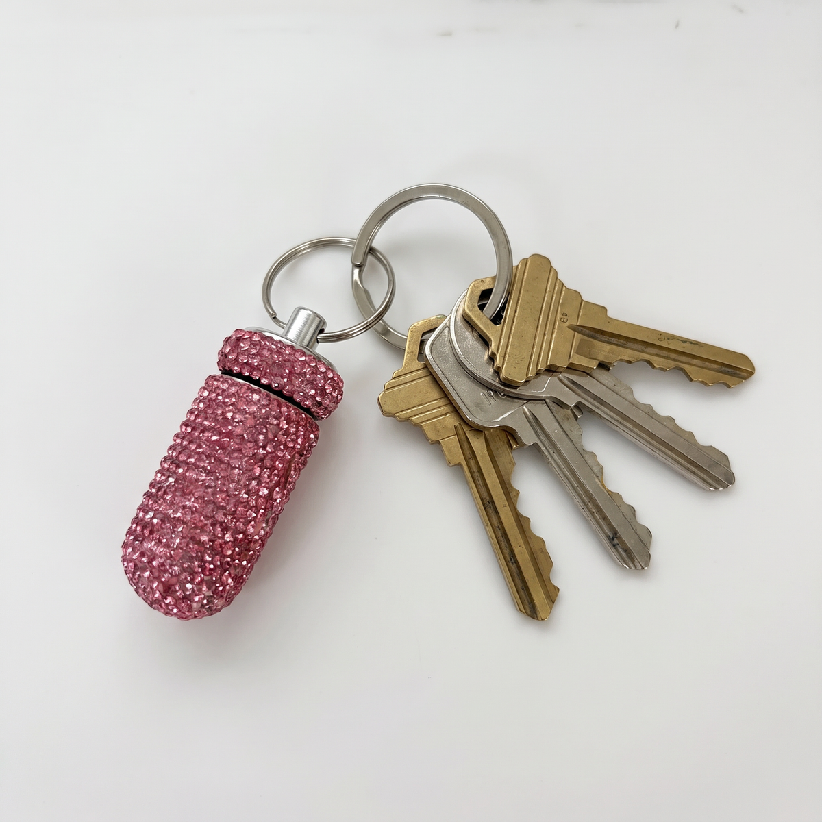 Diamond Doll Keychain Pill Case | Gem Encrusted Pill Bottle | Pink or Silver | 2.75"