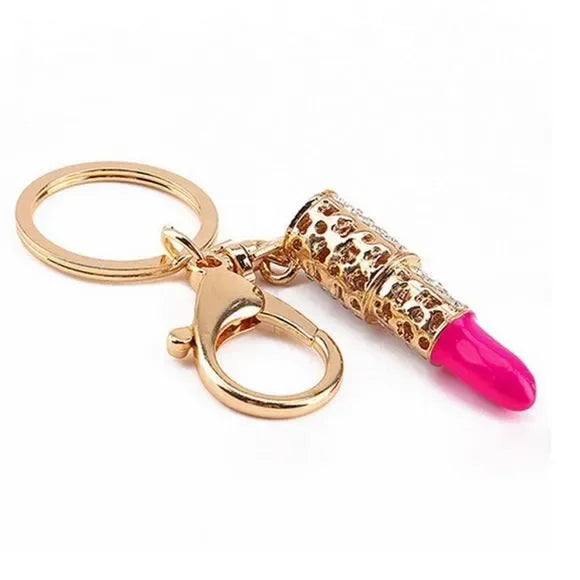 Bejeweled Lipstick Keychain & Bag Charm | Cute Pink & Gold Mini Charm