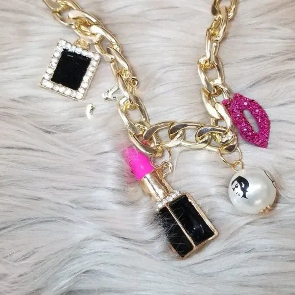 Chunky Coco Charm Necklace | Gold Chain with Lipstick, No. 5 & Coco Chanel Charms