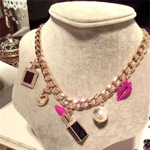 Chunky Coco Charm Necklace | Gold Chain with Lipstick, No. 5 & Coco Chanel Charms